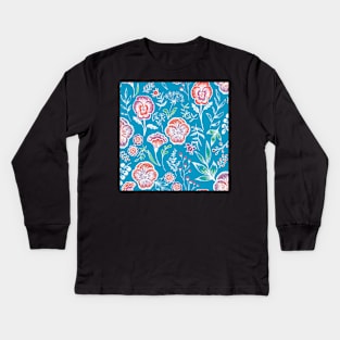 Pansy floral garden on blue Kids Long Sleeve T-Shirt